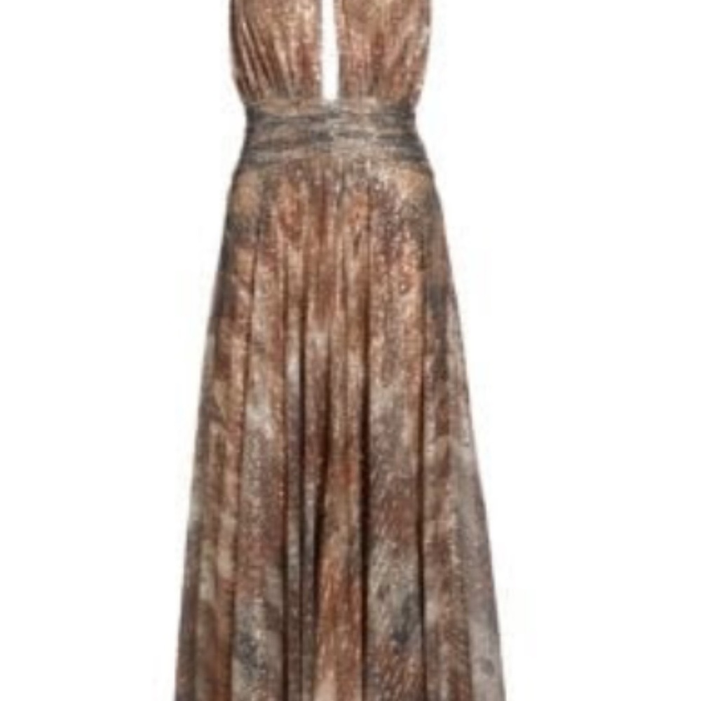 Ramy Brook Reyna Abstract Sequined Halterneck Gown Elegant Brown Maxi Dress